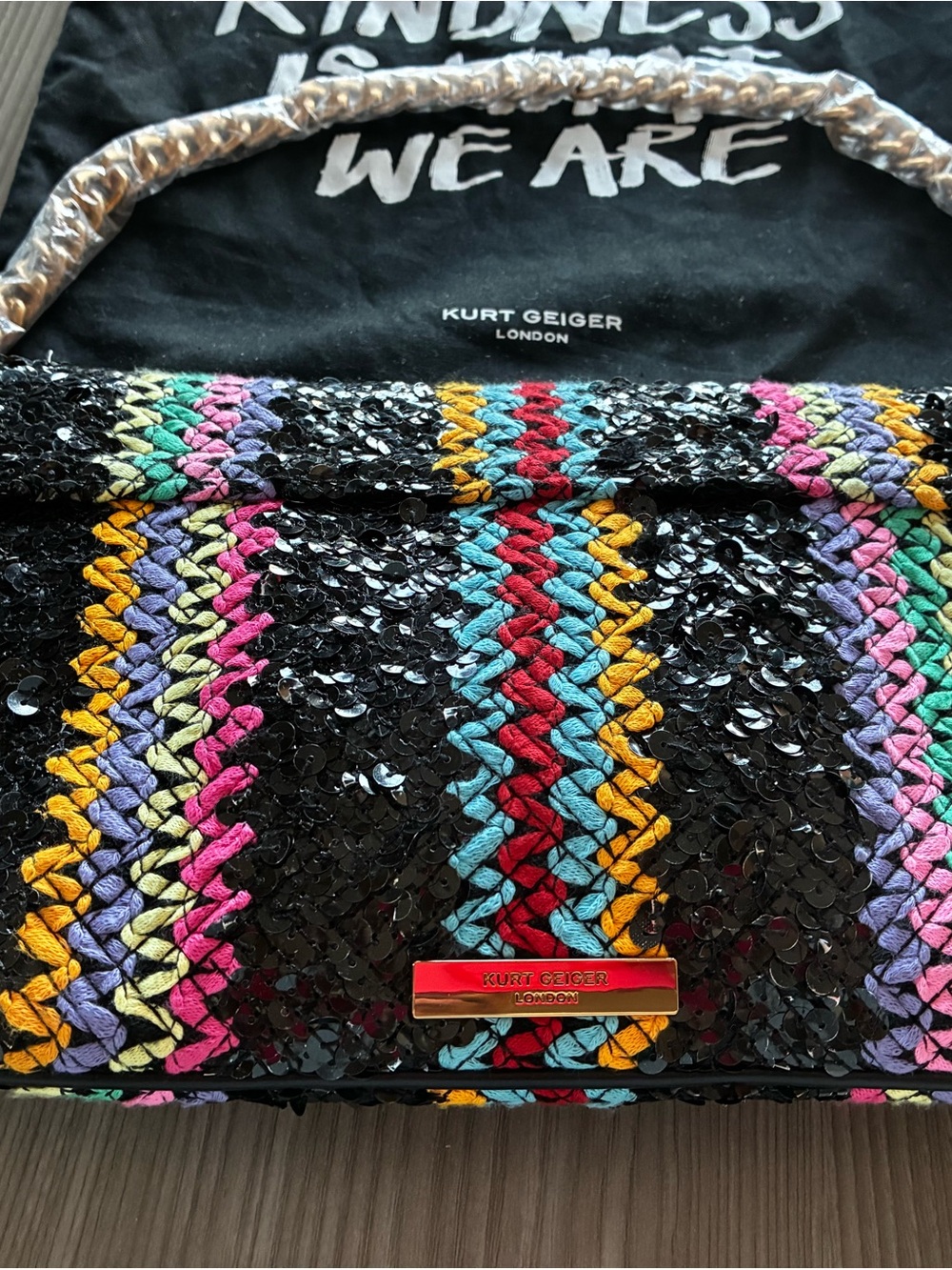 Kurt Geiger Black Sequin Shoulder Bag with Multicolor Stripes - Picture 7 of 8